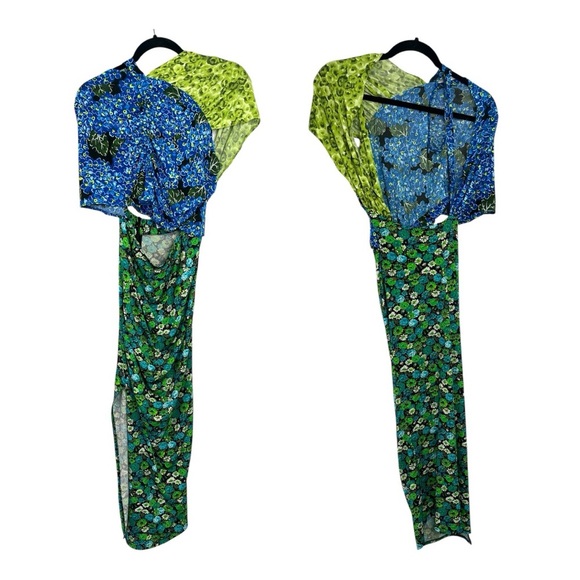 Zara Floral Midi Dress Stretch Asymmetrical Blue Green Print Blogger Fave SizeXS - Picture 4 of 16